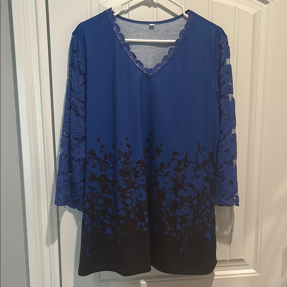 Blue and Black Lace Sleeve Top